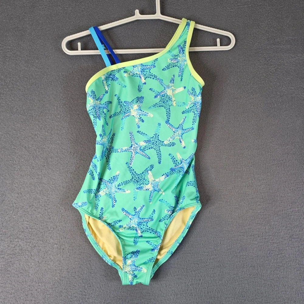 Lands' End One Piece Swimsuit Girls S 6-7 Green Starfish Asymmetrical Cutout